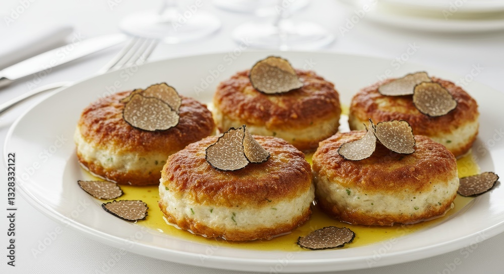 Gourmet Fish Cakes with Black Truffle Garnish Elegant Food Platter Gourmet Fish Cakes with Black Truffle Garnish Elegant Food Platter