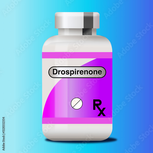 Isolated illustration of generic drospirenone prescription oral contraceptive medication bottle with blue gradient background. photo