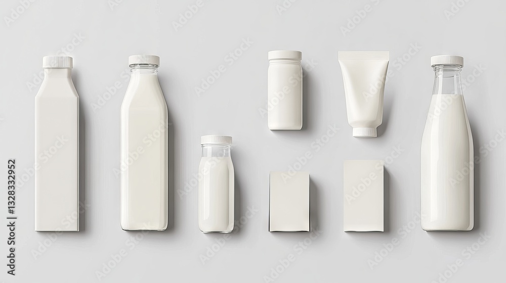 14.A realistic set of dairy product packaging featuring tall and short carton boxes with screw caps and a classic glass milk bottle with a sealed cap, all arranged on a white background with subtle 14.A realistic set of dairy product packaging featuring tall and short carton boxes with screw caps and a classic glass milk bottle with a sealed cap, all arranged on a white background with subtle