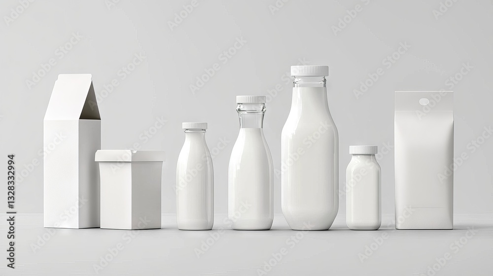 14.A realistic set of dairy product packaging featuring tall and short carton boxes with screw caps and a classic glass milk bottle with a sealed cap, all arranged on a white background with subtle 14.A realistic set of dairy product packaging featuring tall and short carton boxes with screw caps and a classic glass milk bottle with a sealed cap, all arranged on a white background with subtle