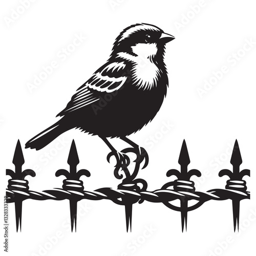 Sparrow on decorative fence silhouette vector image bird illustration