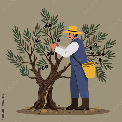 Harvesting Olives Man Picking Ripe Fruit From Tree with Bucket