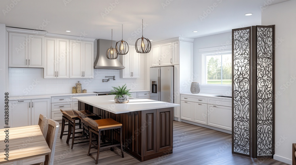 Fototapeta premium warm, welcoming kitchen with white countertops and a folding screen near a clean white wall, providing an open yet intimate atmosphere