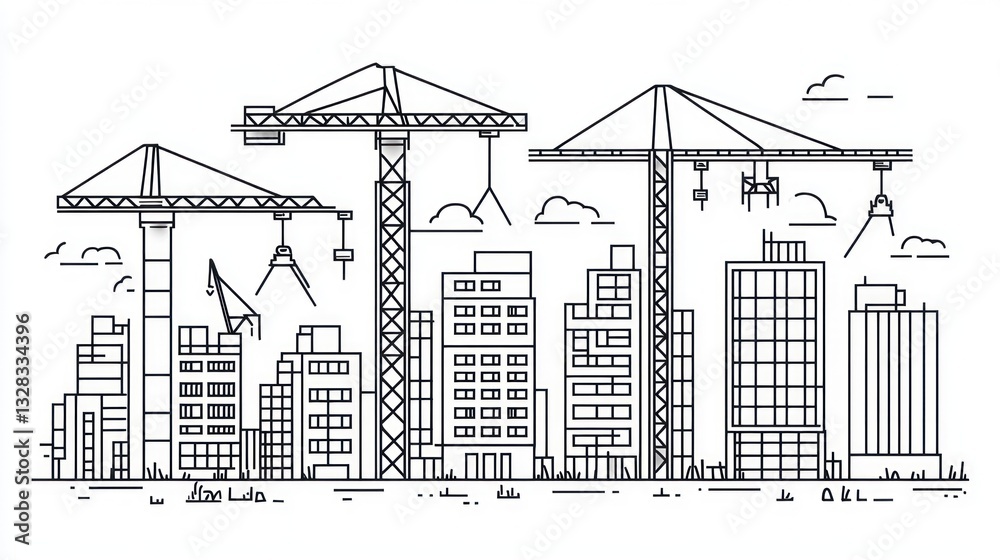 Obraz premium Cityscape under construction, cranes, minimalist illustration