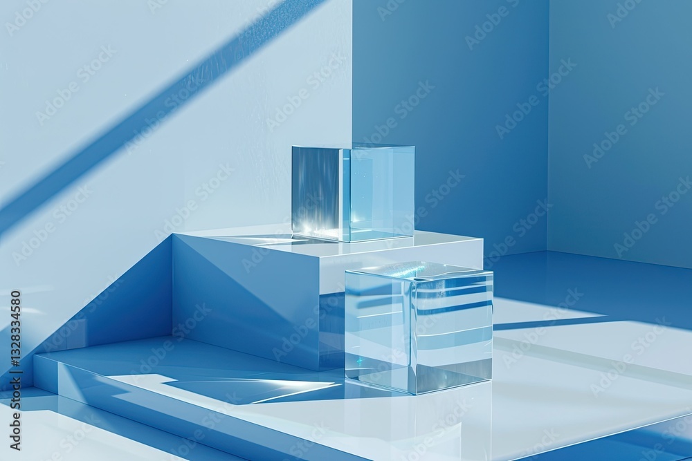 Clear Pixel Picture of Glass Cube Podium on Blue Background for Cosmetic Display Clear Pixel Picture of Glass Cube Podium on Blue Background for Cosmetic Display