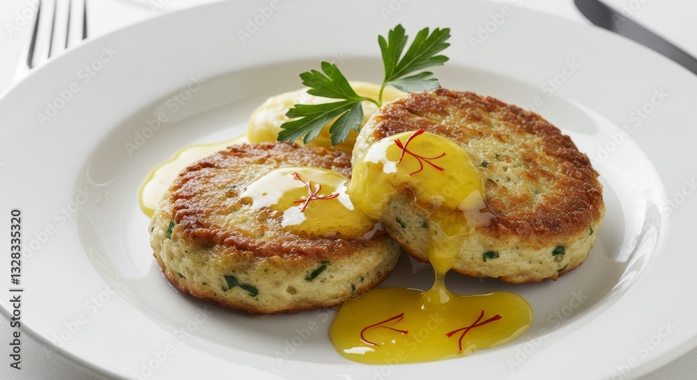 Delicious Saffron Infused Fish Cakes with Lemon Butter Sauce Gourmet Food Dish Delicious Saffron Infused Fish Cakes with Lemon Butter Sauce Gourmet Food Dish