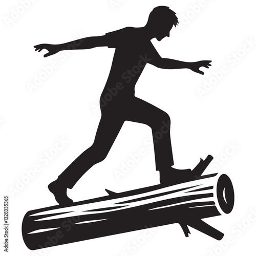 Man Walking on Log Silhouette Vector Illustration for Outdoor Adventure