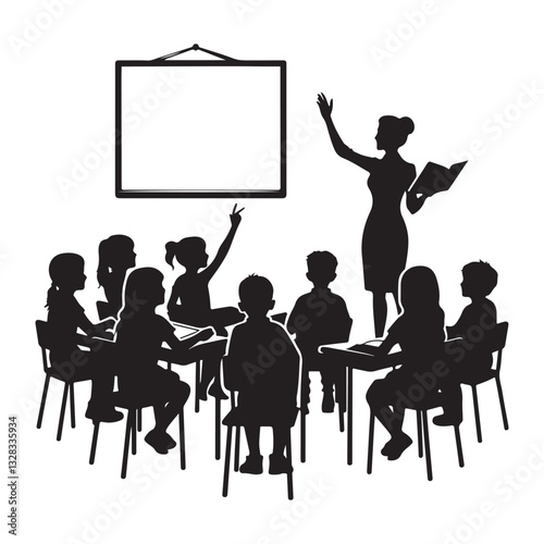 Silhouette of teacher instructing a class with students raising hand