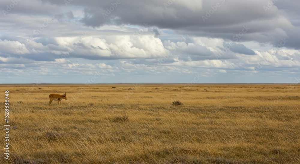 Vast Golden Prairie Under a Cloudy Sky: Solitary Antelope in the Wild Vast Golden Prairie Under a Cloudy Sky: Solitary Antelope in the Wild