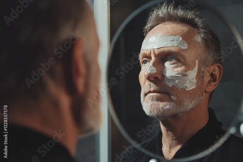 Mature Man Applying Face Cream Skincare Routine Mirror Reflection male aging style beauty health    