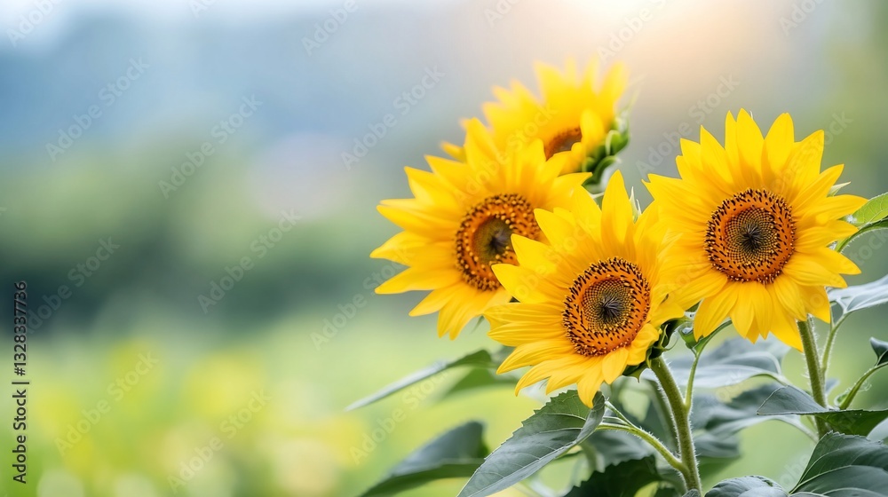 Fototapeta premium Bright yellow sunflowers bloom in vibrant garden, blurring the background