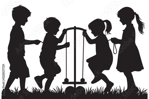 Silhouette of Children Playing on Seesaw Playground Vector