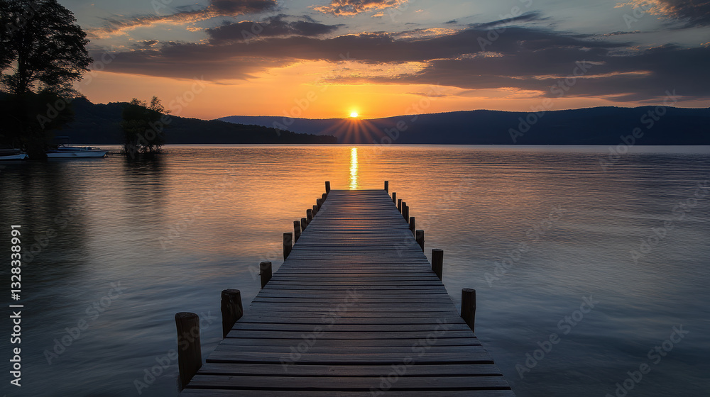 A serene sunset over a calm lake with a wooden pier extending into the water. A serene sunset over a calm lake with a wooden pier extending into the water.
