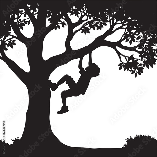 Silhouette Child Climbing Tree Illustration Boy Outdoor Adventure