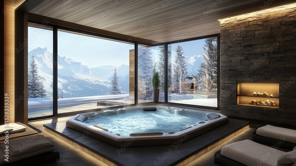 Obraz premium exclusive resort with luxury chalets, outdoor hot tubs, and a blend of modern architecture with nature, offering ultimate privacy and comfort