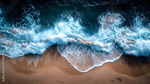 Aerial Wave Embrace: Capture the raw power and mesmerizing beauty of the ocean, where turquoise waves crash onto a sun-kissed beach. Witness the dynamic interplay of sea, sand, and sky.