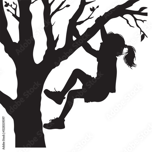 Silhouette Young Girl Climbing Tree Childhood Outdoor Fun Adventure