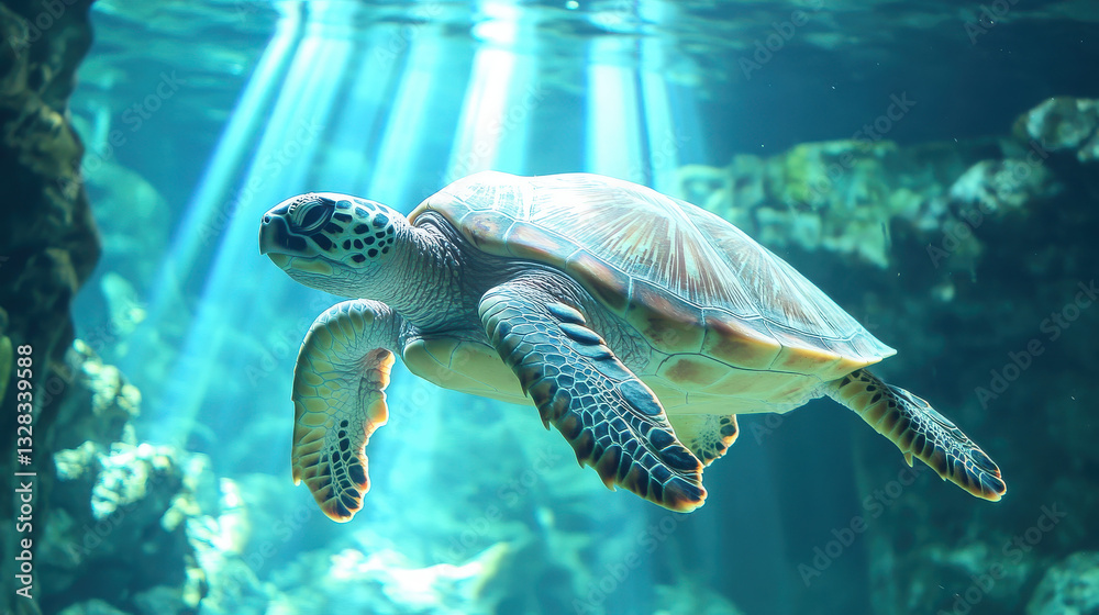 Obraz premium A serene underwater scene featuring a turtle swimming gracefully through sunlit waters.