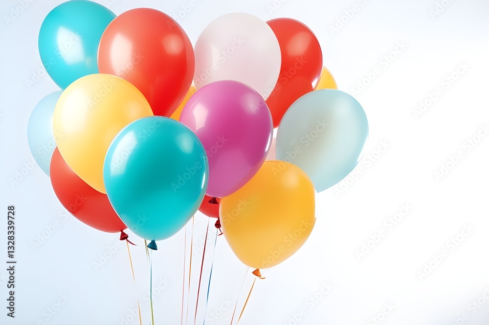 A bunch of vibrant, colorful balloons floating against a crisp white background, captured in stunning high-definition detail with realistic lighting and shadows. A bunch of vibrant, colorful balloons floating against a crisp white background, captured in stunning high-definition detail with realistic lighting and shadows.