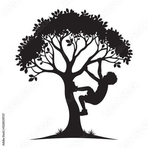 Silhouette of a Young Boy Climbing an Old Tree