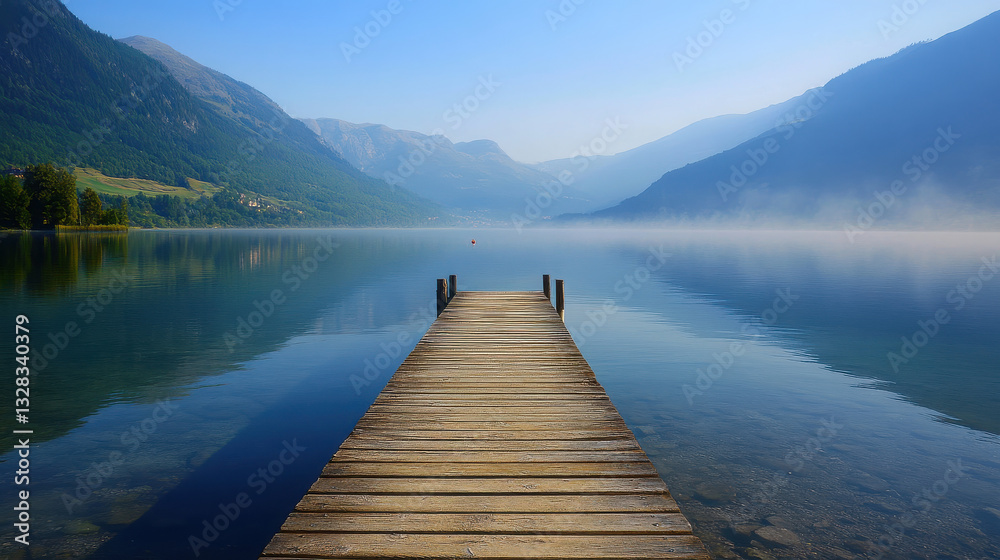 Fototapeta premium A serene wooden dock extending into a calm lake surrounded by mountains.