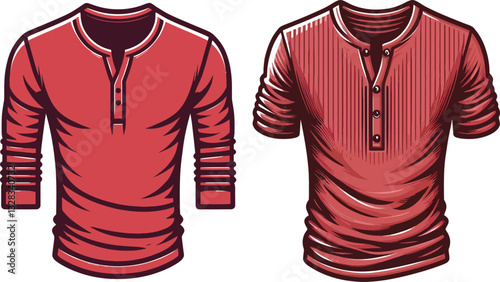 Red Color Henley shirt long sleeve And short sleeve Technical Drawing Flat Drawing Template.