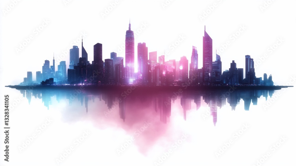 Fototapeta premium City skyline with reflection in water, illuminated in neon lights, artistic concept