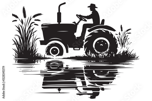 Farmer driving tractor silhouette cultivating agriculture land art vector design