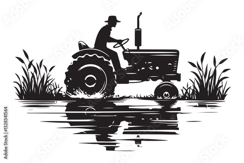 Agricultural Tractor Silhouette Reflection Illustration Farming and Rural Life