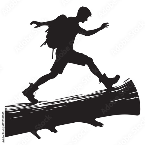 Silhouette hiker jumps log adventure backpacking trekking vector illustration