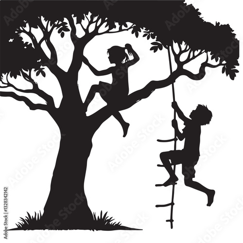 Silhouette kids climbing tree rope ladder outdoor fun vector illustration