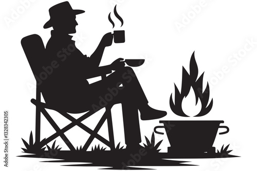 Relaxing by Campfire Silhouette Man Enjoying Coffee Outdoor Illustration