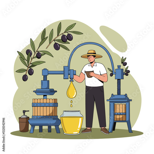 Man Processing Olive Oil Using Traditional Press Machine Illustration