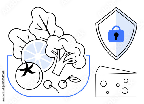 Fresh vegetables, cheese block, and a security shield with a lock emphasize healthy eating and food safety. Ideal for nutrition, diet planning, food safety, health education, secure delivery, organic