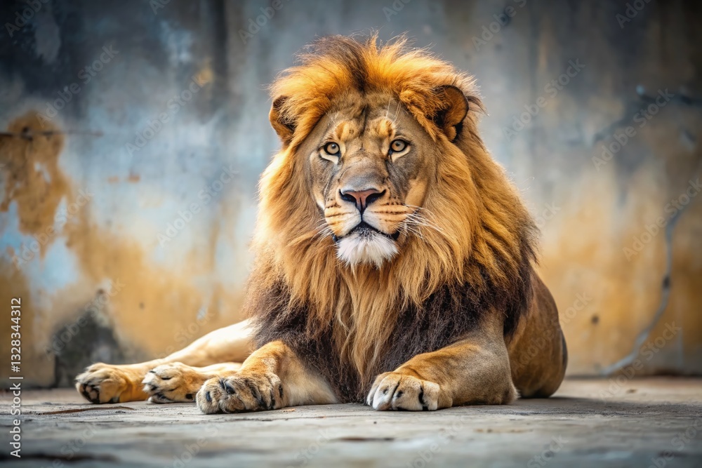 Naklejka premium Sad Lion in Zoo Enclosure, Reclining on Floor - Captive Wildlife Animal Portrait