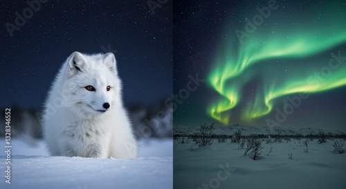 Arctic Fox Underneath the Mesmerizing Aurora Borealis Display in a Snowy Landscape photo