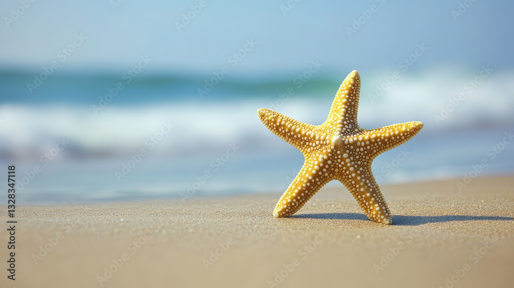 A starfish rests on the sandy beach near gentle ocean waves. A starfish rests on the sandy beach near gentle ocean waves.