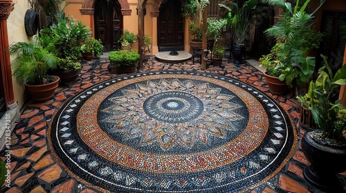 Ornate mosaic courtyard floor, tropical plants, Mexican architecture
