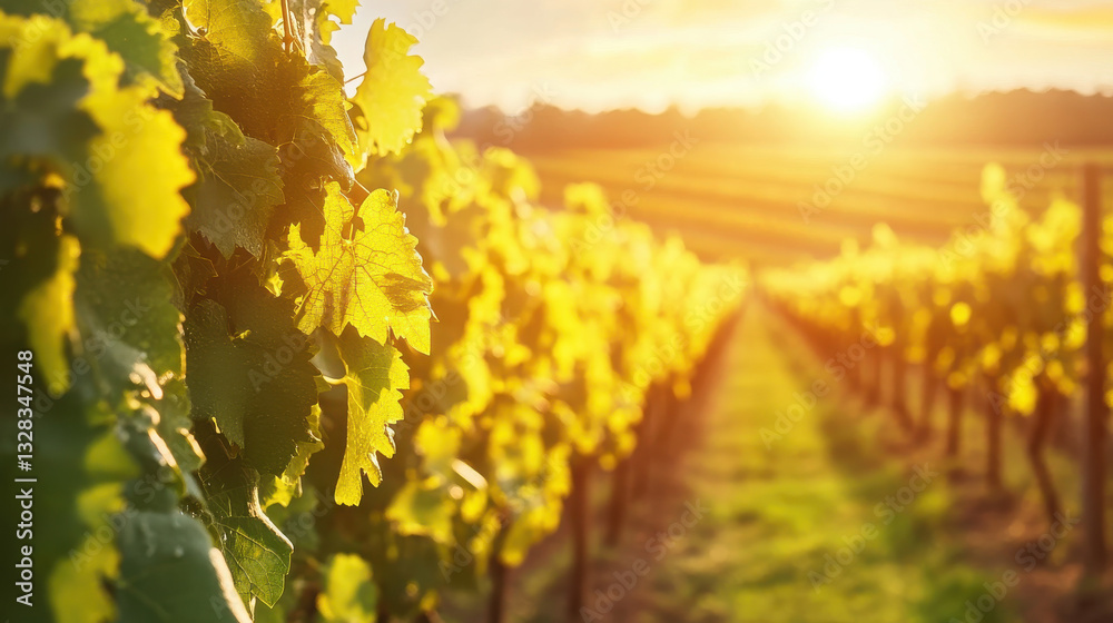 Fototapeta premium A sunlit vineyard with lush grapevines and a scenic landscape at sunset.
