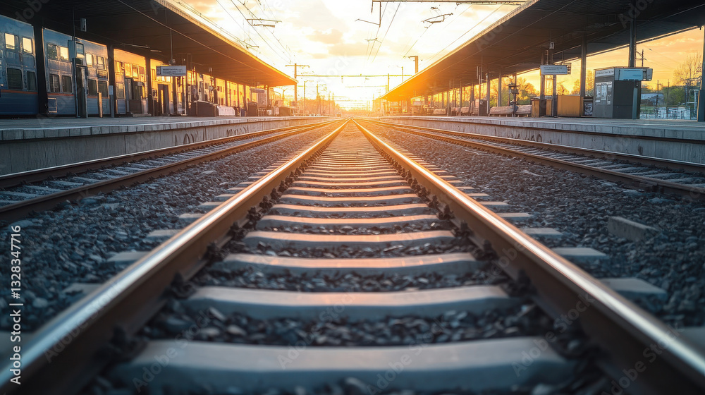 Fototapeta premium A sunset view along railway tracks leading to a train station.