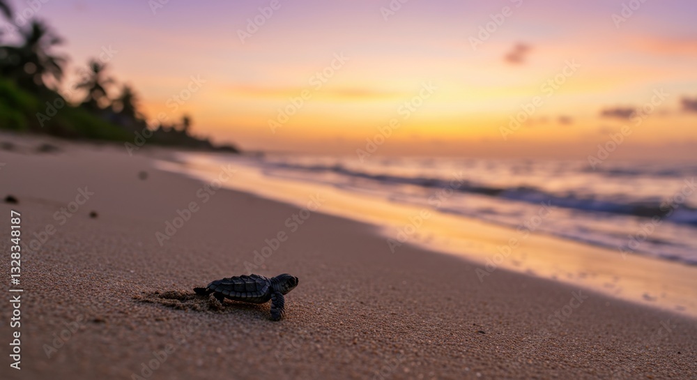Obraz premium Baby Sea Turtle's First Journey at Sunrise: A Breathtaking Coastal Scene