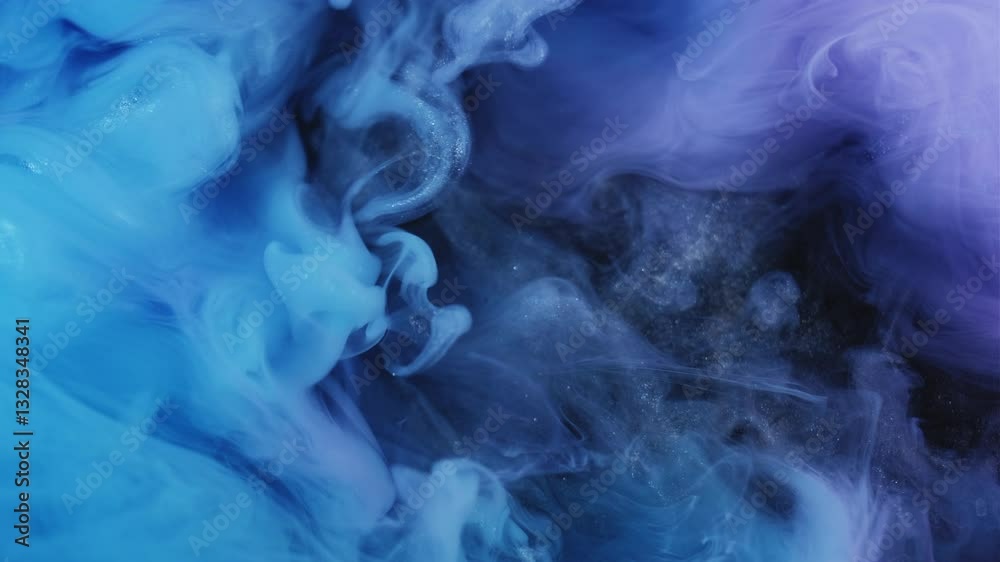 Colorful watercolor. Ink spread. Silver glitter stream explode in violet blue smoke blur fluid. Fantasy mix abstract background.
