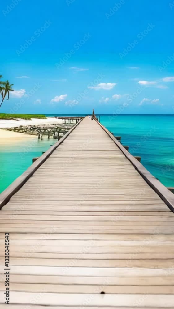 A long wooden pier stretching into crystal-clear turquoise waters under a bright blue sky, leading to a paradise island. Concept of relaxation and exotic travel destination A long wooden pier stretching into crystal-clear turquoise waters under a bright blue sky, leading to a paradise island. Concept of relaxation and exotic travel destination