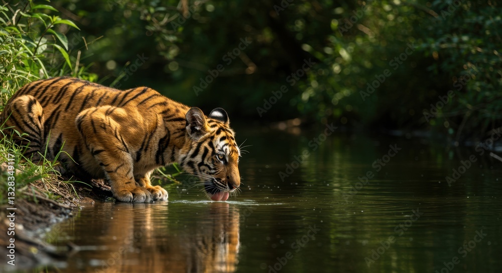 Fototapeta premium Young Bengal Tiger Quenching Thirst by Tranquil River in Lush Green Forest