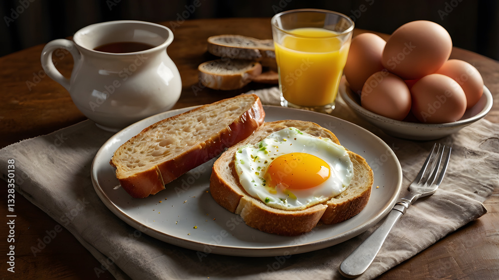 Breakfast Still Life with Fried Egg Toast and Orange Juice Breakfast Still Life with Fried Egg Toast and Orange Juice