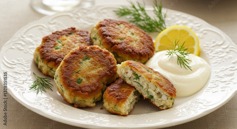 Delicious Homemade Fish Cakes with Dill and Lemon Served with Creamy Mayonnaise Delicious Homemade Fish Cakes with Dill and Lemon Served with Creamy Mayonnaise