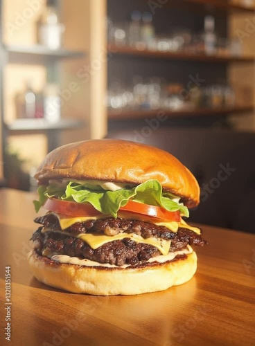 hamburger on a wooden table