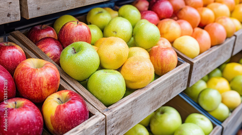 A vibrant display of various apples in wooden crates at a market.
