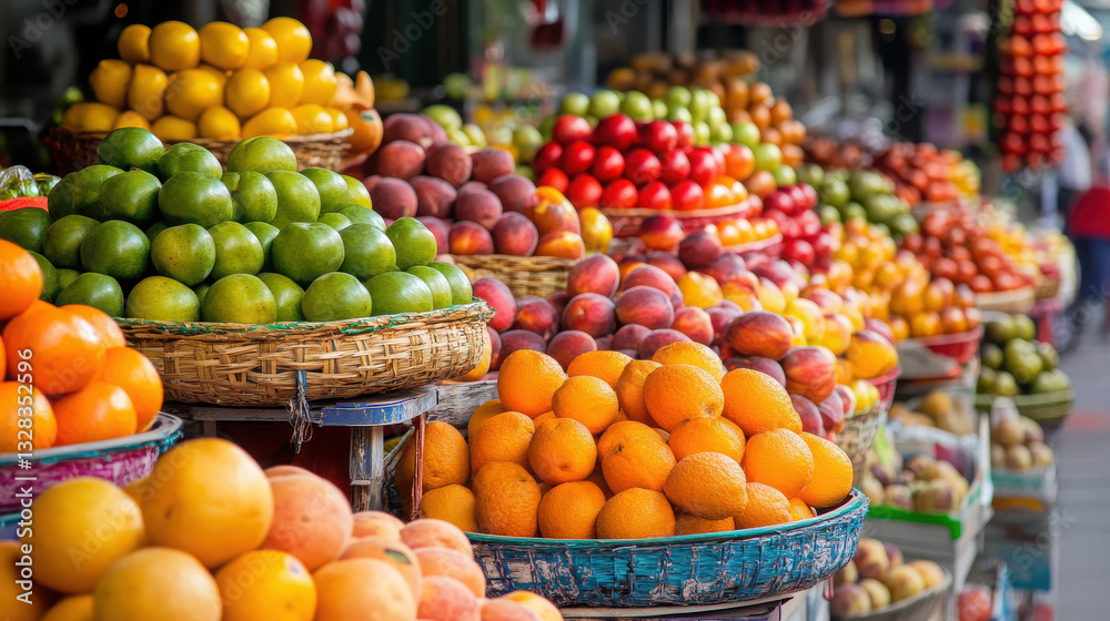 A vibrant market display of assorted fruits in baskets, showcasing fresh produce. A vibrant market display of assorted fruits in baskets, showcasing fresh produce.