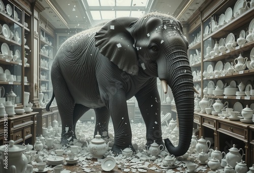 Elephant causes chaos in a fine china shop during daytime